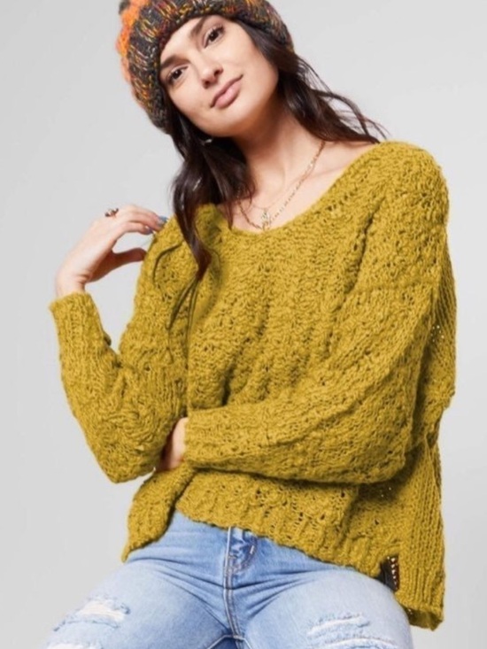 Free People Sweaters - Free People Sunday Shore Sweater Mustard Gold Open Knit Chunky Size S